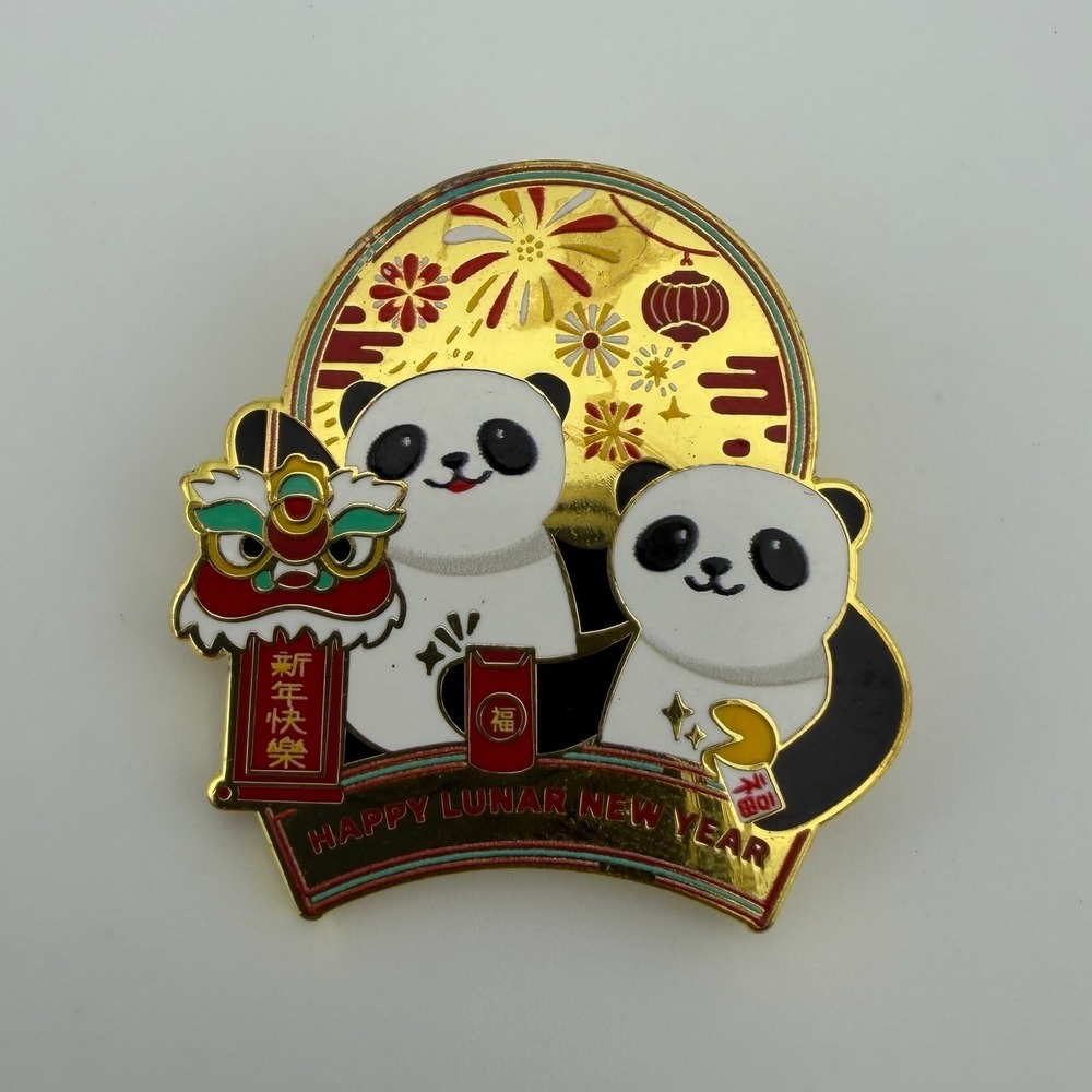 Happy Lunar New Year Panda Enamel Pin Gold Tone Lion Dance